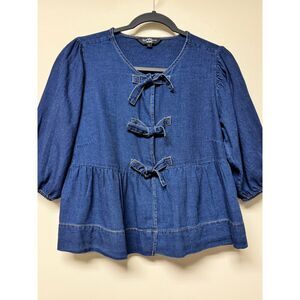 VELVET HEART Denim Tie Front Peplum Long Sleeve Blouse, Dark Wash, Sz S